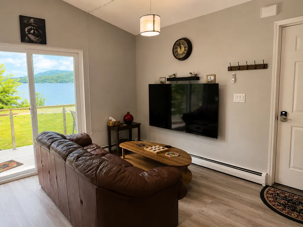 A living room with a leather couch, coffee table, TV, and a lake view.